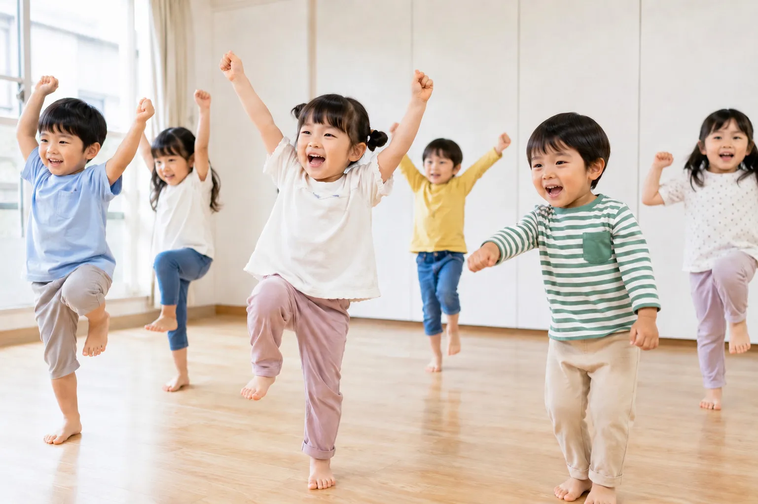 室内で元気に片足立ちをしてダンスや体操を楽しむ子供たちのグループ